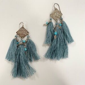 Chan Luu Silver & Teal Tassel Statement Earrings